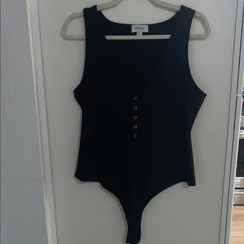 Evereve Hallie Rib Henley Black V-Neck Bodysuit | XL